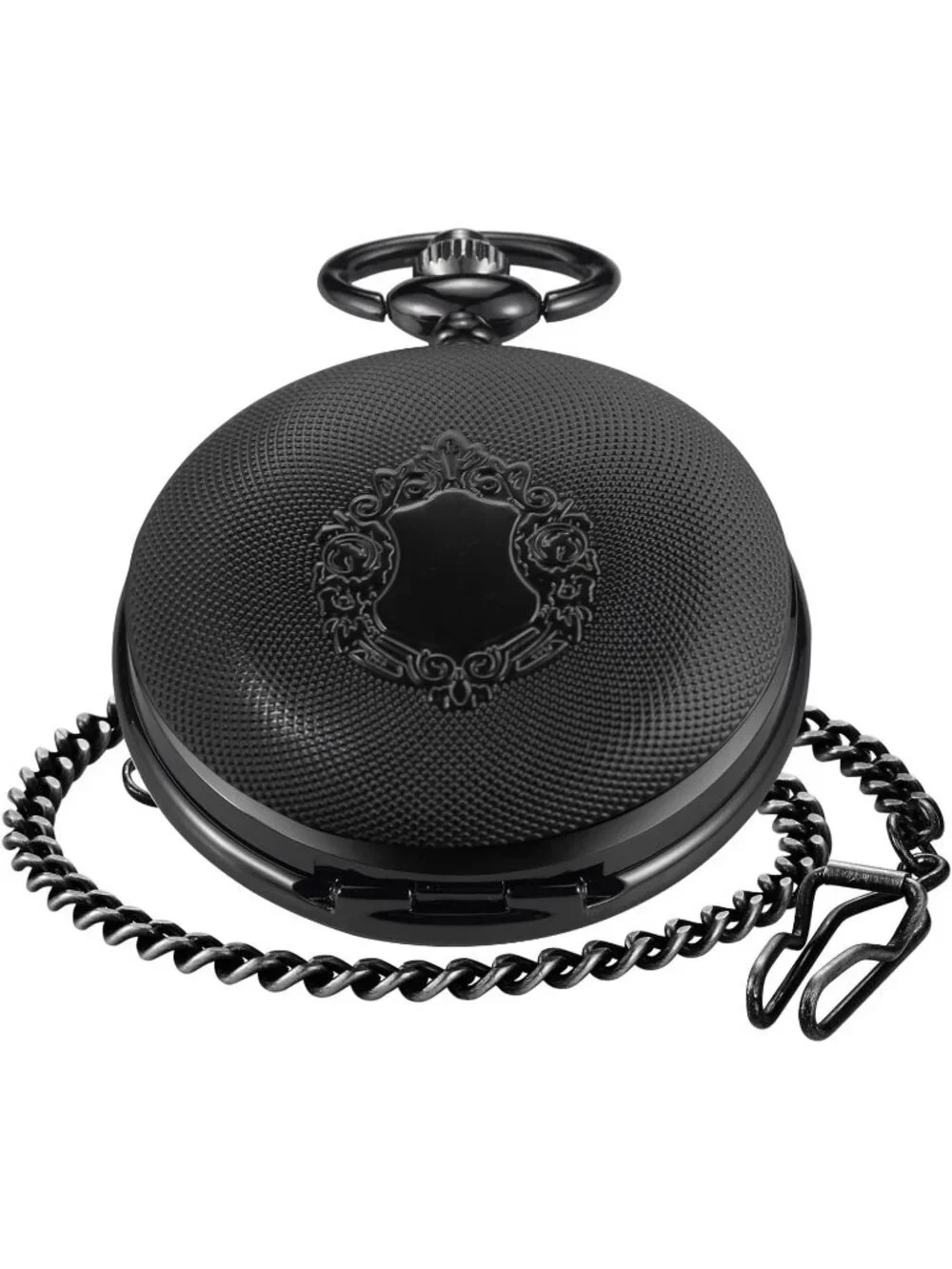 Men's All Black Analog Quartz Flower Arabic Numerals Movement Chain Pocket Watch